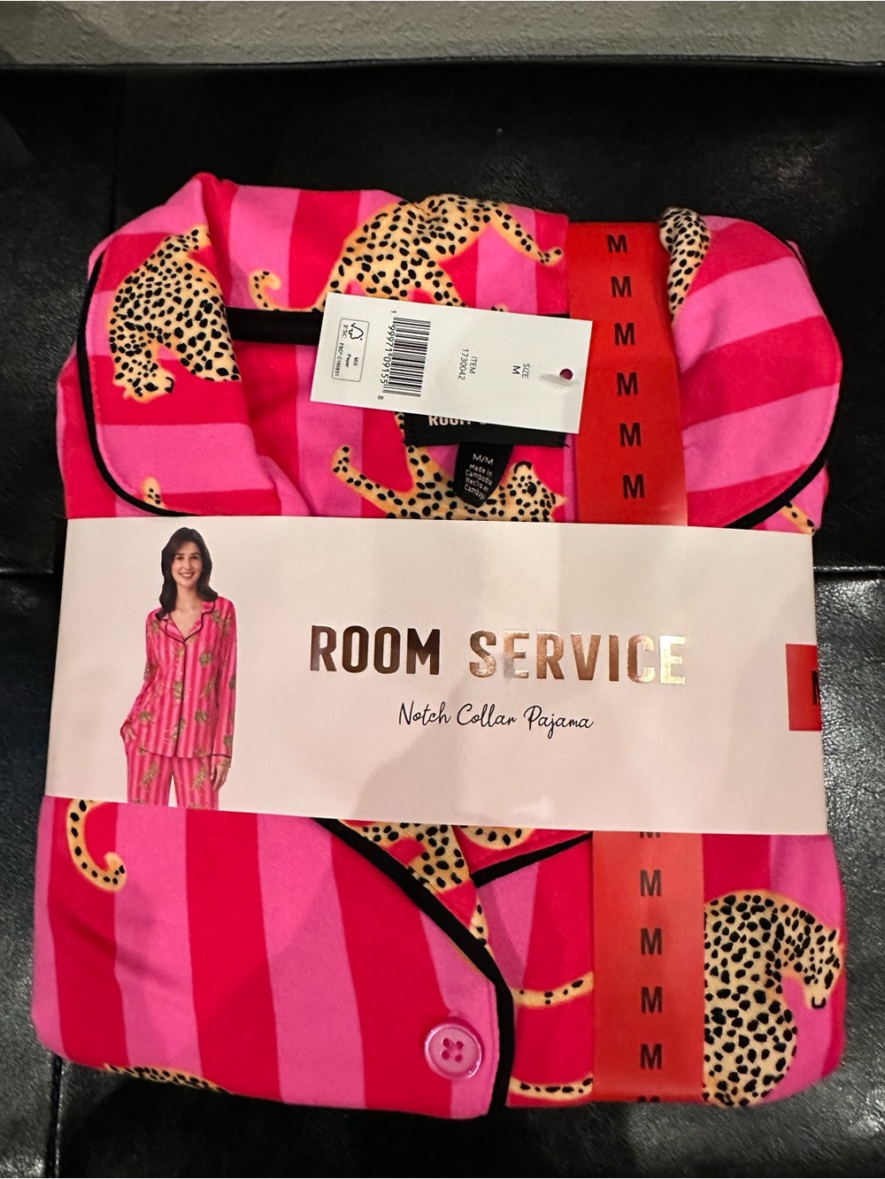 NWT Room Service Pink Leopard Stripe Notch Collar Pajama Set Comfy Medium